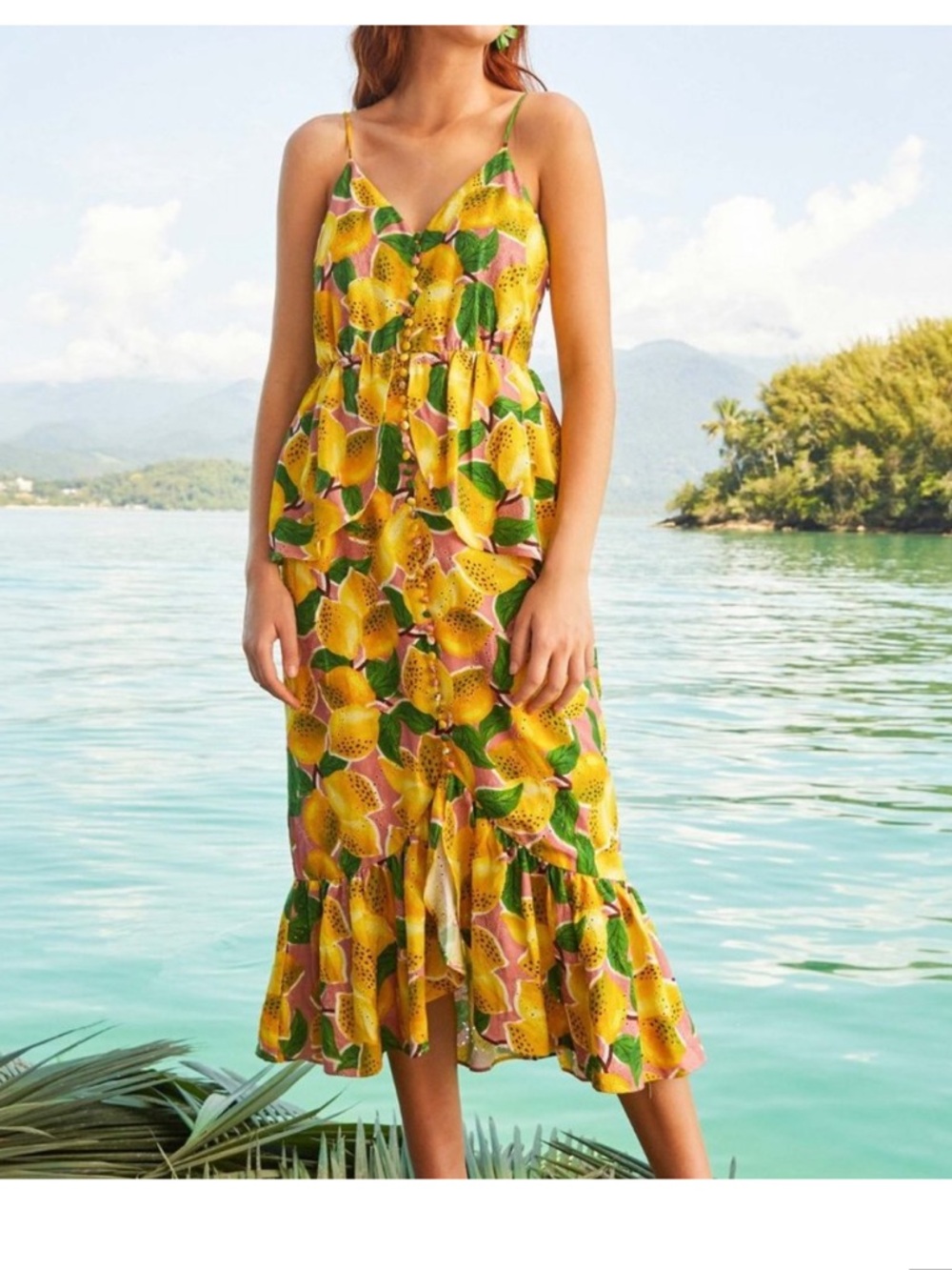 Farm Rio Fresh Lemons Ruffled Midi Dress Tropical Fruit Print Size XS NWT